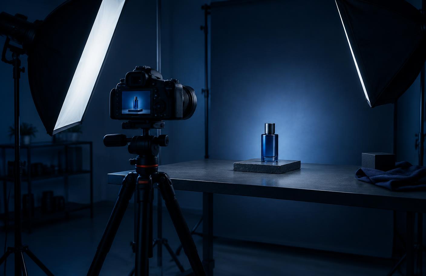 Estúdio fotográfico com câmera em tripé e iluminação preparada para fotografia de produto