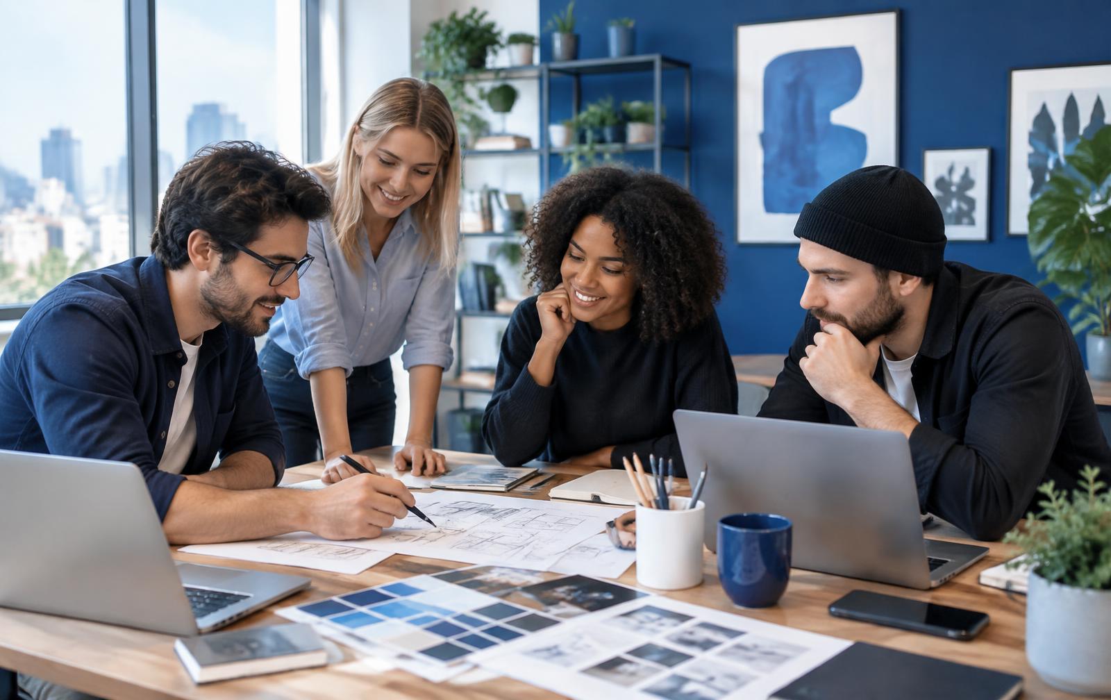 Equipe criativa reunida em mesa de trabalho analisando layouts e referências visuais de campanha
